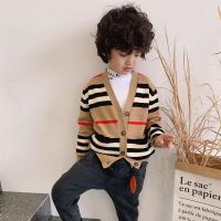 ต้นฉบับ Spring and autumn womens new striped knitted cardigan jacket V-neck mid-length woolen sweater thin loose lazy sweater