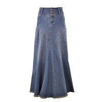 Jean Skirts  Fashion Vintage Autumn Long Denim Skirt Women High Waist Button Pockets Split Asymmetric Straight Jupe Mujer