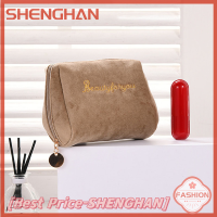 SHENGHAN Tas Kosmetik สีทึบที่เรียบง่ายสำหรับผู้หญิงซองกระเป๋าแต่งหน้ากระเป๋าเข้าห้องน้ำกระเป๋าเครื่องสำอางมีซิปกระเป๋าแต่งหน้ากำมะหยี่