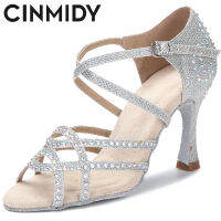 CINMIDY Latin Dance รองเท้าผู้หญิง Rhinestone ด้านล่างนุ่ม Salsa Dance รองเท้าสุภาพสตรีรองเท้าแตะผู้หญิงสีทองงานแต่งงานรองเท้าส้นสูง7.5ซม.