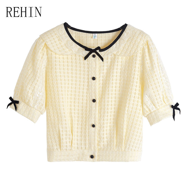 rehin-เสื้อสตรีคอปกตุ๊กตาลูกไม้แขนสั้นเสื้อใหม่ผูกโบว์เสื้อชีฟอง