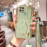 เคสสำหรับ OPPO A15 A15S 6D สายรัดข้อมือชุบโลหะด้วยไฟฟ้าสายคล้องไหล่ขาตั้งโทรศัพท์สำหรับ OPPO A15 A15S เคสซิลิโคนนิ่ม