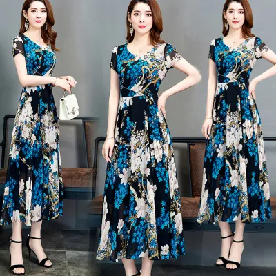 Female Summer Waisted Floral Pattern Short-sleeve Printing Dress