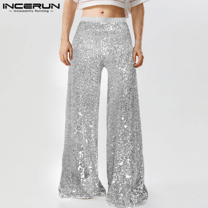 incerun-กางเกงขากว้างสำหรับผู้ชาย-กางเกงขากว้างกางเกงเอวยางยืดแวววาวแวววาว-สไตล์ตะวันตก