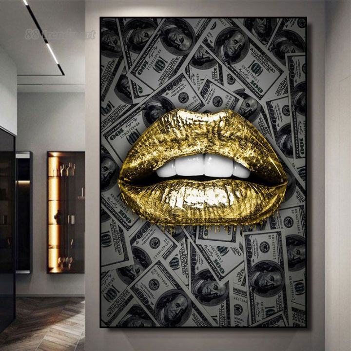 ภาพวาดตกแต่งผนังสุดหรูศิลปะริมฝีปากสีเงินสีทองผ้าใบวาดภาพร้อยดอลลาร์ฉากหลังรูปเงิน0706