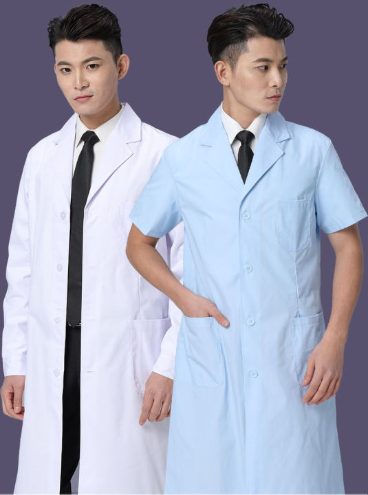 unisex-แขนยาวสีขาว-lab-เสื้อผู้ชายผู้หญิงปกปุ่มลงแพทย์แพทย์เสื้อกับกระเป๋าหมอพยาบาลเครื่องแบบ