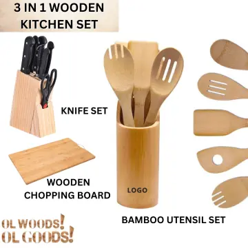 BlauKe Wooden Spoons for Cooking 8-Pack - Bamboo Kitchen Utensils Set - Nonstick Wooden Cooking Utensils - Wood Spatula Spoon Tongs Utensil Holder