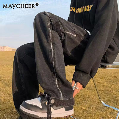 MAYCHEER กางเกงยีนส์กางเกงคาร์โก้ผู้ชายขาตรงมีซิปข้างทันสมัยสไตล์กางเกงขาม้าแนวสตรีททรงหลวมเทรนด์ใหม่9449