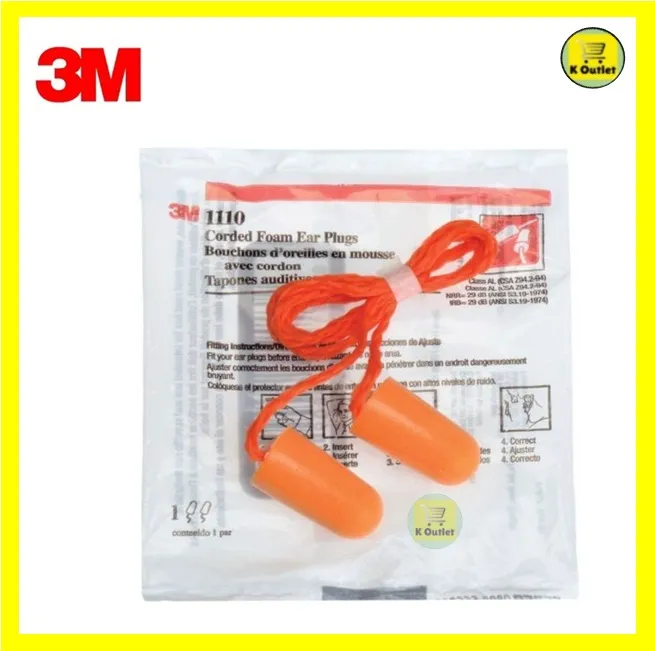 【1 pair】3M 1110 3M Disposable Ear Plug Foam With Cord Sleeping Noise