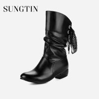 Sungtin Classic Lace Up Mid-Calf Boots For Women Low Heel Riding Boots Spring Autumn Ladies PU Leather Boots White Large Size