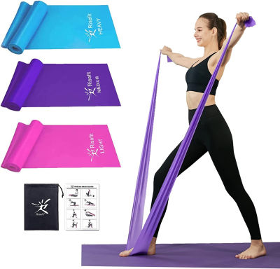 Risefit Therapy Flat Resistance Bands Set, Latex Free Flat Elastic Exercise Stretch Bands for Stretching, Flexibility, Pilates, Yoga, Ballet, Gymnastics, Rehab, Workout, Pink, Purple, Blue (3 Pack, 5 FT long)