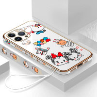 เคสสำหรับ Apple โทรศัพท์ iPhone 15 Plus 15 Pro Max ฟรีสายคล้องน่ารักการ์ตูนมิกกี้ Minie Mouse หมีพูขอบสี่เหลี่ยมปลอกชุบเคสโทรศัพท์หรูหราชุบเคสโทรศัพท์นิ่ม