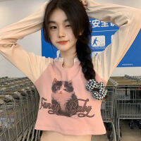 Autumn Slim Crop Tops แฟชั่นคอวีแขนยาว3D Cat Letter พิมพ์ T-Shirt