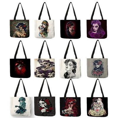 Creative Design Tote Bags Women Flowered Tatoo Girl with Skull Handbag Eco Linen Casual Portable Decor Shoulder Bag for Ladies
