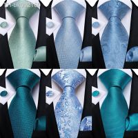 ○✸ DiBanGu Mens Necktie Teal Green Blue Solid Design Silk Wedding Tie For Men Hanky Cufflinks Tie Set Fashion Bussiness Party