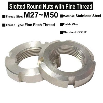 1Piece-2Pcs M27 M30 M36 M39 M40 M45 M48 M50 SUS304 Stainless Steel Slotted Round Nuts Locknuts with Fine P2.0 Thread GB812 Nails Screws Fasteners