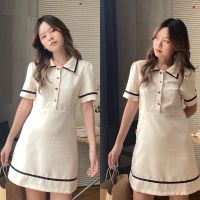 chuuchop_พร้อมส่ง(C7849)✨??Sadie mini dress ชุดมินิเดรสสีครีม ดีเทลกระดุมหัวใจ