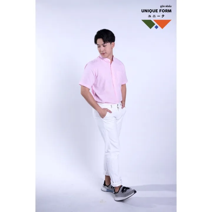 uniqueform-เสื้อเชิ้ต-แขนสั้น-คอจีน-คอปก-สีชมพู-candy-pink-shirt-ผ้าอ้อกฟอร์ด-pure-oxford-shirt