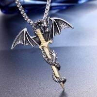 Pterodactyl Holy Sword Cross Shape Pendant Necklace for Men Fashion Vintage Pendant Necklace Religious Amulet Metal Accessories