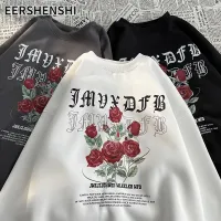 EERSHENSHI เทรนด์เสื้อกีฬาคอกลมผู้ชายสไตล์ฮาราจูกุแบบเกาหลีพิมพ์ลายเฉพาะตัวแจ็กเกตสวมศีรษะใส่ได้หลายโอกาสลำลอง