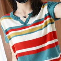 COD DDDGRYTRY Women short Sleeve Shirts Thin Casual Fashion Loose Shirt Tops Womens Ice Silk Knitted T-shirt Korean National Style Stripesv Collar Sweater Bottoming Shirt Top Oversized