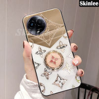 เคสสำหรับ Realme 11X ฝาครอบโทรศัพท์สำหรับ Realme11X Realme กระจกเคสใส่โทรศัพท์11X หรูหราลายใบโคลเวอร์พร้อมสายคล้องฝาหลัง