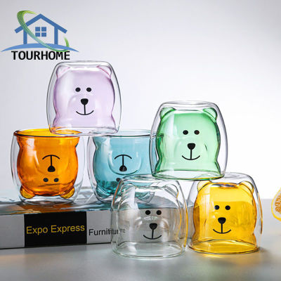 TOURHOME แก้วคู่คุณภาพสูง ถ้วยหมี แก้วบอโรซิลิเกตทรงสูง รูปทรงน่ารัก ดีไซน์ใหม่ ทนความร้อน ออกแบบสำหรับลูกสุนัข ไก่ และลูกแมว Bear Glass Cup