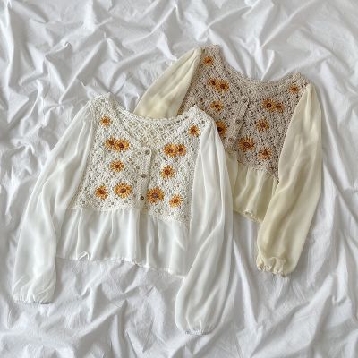 Korean Style Women Long Sleeve Hollow Out Lace Autumn Crochet Knitted Shirt Blouse Baju Baju Wanita Lengan Panjang
