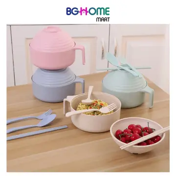 1Set Cute Noodles Bowl with Lid Handle Dinnerware Wheat Straw