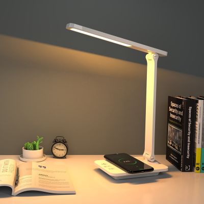 Led Desk Lamp 15W Qi Wireless Charging Table Lamp USB 3 Color Stepless Dimmable Reading Eye Protect Study Bedroom Night Light