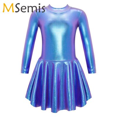 ✥✉ Kids Girls Metallic Figure Ice Skating Dress Shiny Gymnastics Leotard Ballet Modern Dance Dress Ballerina Performance Costume
