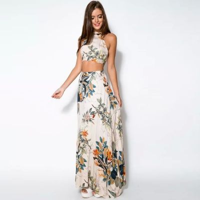 【CC】☋℡❈  - Duo: European and Printed Halter Top Floor-Length Skirt Fashionable Two-Piece Ensemble