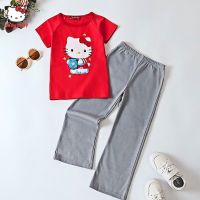 Sanrio ชุดเสื้อผ้าเด็กลาย Hello Kitty,เสื้อยืดผ้าฝ้ายแบบบางสำหรับฤดูร้อนกางเกงแขนสั้นสำหรับเด็กผู้หญิง2ชิ้นเสื้อผ้าลำลองของขวัญสำหรับเด็ก