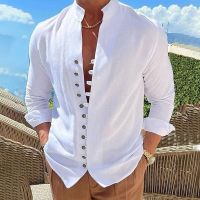 Mens New vintage Casual Short Sleeve Shirt Street Wear Lapel Button Solid Color Cotton Linen Shirt For Men Vacation Blouse