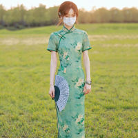 สีเขียวที่มีคุณภาพสูง Cheongsam ดอกไม้พิมพ์แขนสั้นวินเทจชุดสลิมฟิตผู้หญิงเครื่องแต่งกายที่สง่างาม Qipao S เพื่อ XXL