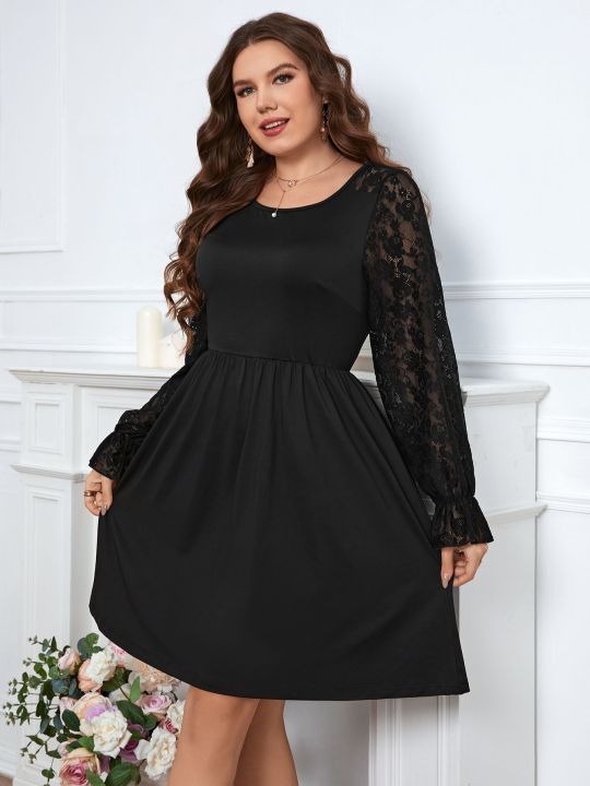 เดรสเสื้อผ้าผู้หญิงพองลายลูกไม้หรูหราขนาดใหญ่พิเศษเดรสผู้หญิงไซส์ใหญ่สั้นผ้าชีฟองสีดำ