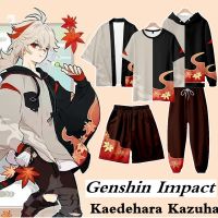 Kaedehara Kazuha เสื้อมีฮู้ด Genshin Impact ชุดคอสเพลย์ผู้หญิงเสื้อยืดคอสเพลย์คาซูฮากางเกงขาสั้นเสื้อคลุมกิโมโนกางเกงแบบสวมหัวสำหรับผู้หญิงและผู้ชาย