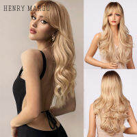 HENRY MARGU Ombre Brown Blonde Wig Long Deep Wavy Synthetic Wig with Bangs for Women Cosplay Party Heat Resistant False Hair