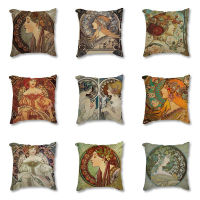 Vintage European Art Nouveau Mucha Gallery Decorative Cushion Sofa Pillowcase Beautiful Girl Cotton Linen Cushion Cover 45x45 cm