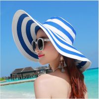 Hot Sale Fashion Hepburn Wind Black White Striped Bowknot Summer Sun Hat Beautiful Women Straw Beach Hat Large Brimmed Hat