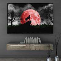 บทคัดย่อ Red Moon Night Wolf Howl In Misty Forest โปสเตอร์,พิมพ์คุณภาพสูง,ภาพวาดผ้าใบสัตว์สีดำและสีขาว,Perfect Wall Art Room Decor