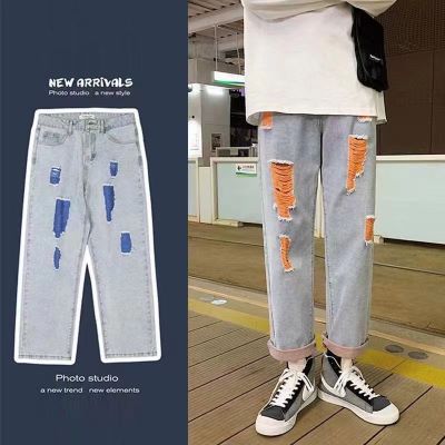 กางเกงยีนส์ขายาวผู้ชาย กางเกงแฟชั่นผช ลุคสตรีท สไตล์เกาหลีM23129