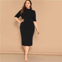 ZZOOI SHEIN Classy Black Plus Size Mock-neck Solid Pencil Slim Dress Women Spring Office Lady Bodycon Basics Plus Size Long Dresses