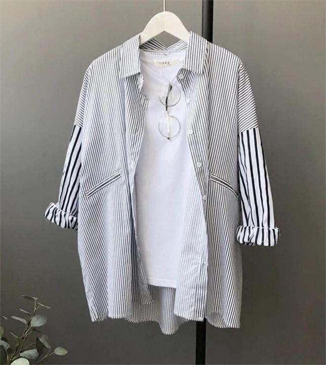 พร้อมส่ง-เสื้อเชิ้ตแขนยาวลายทาง-โอเวอร์ไซส์-คอปก-เสื้อเชิ้ตผู้หญิง-คลุมกันแดด-เชิ้ตยาวเกาหลี