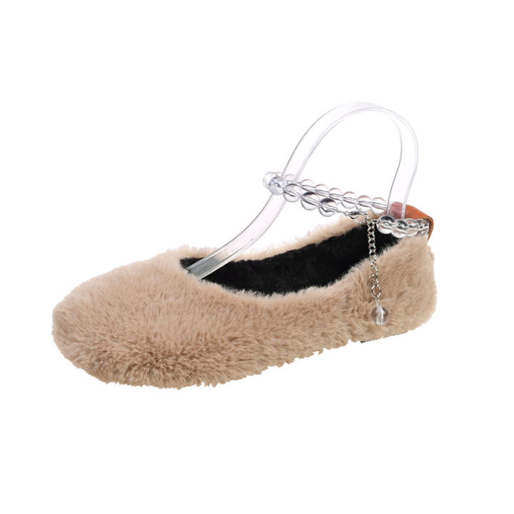 รองเท้าแฟชั่นสำหรับผู้หญิง2022ฤดูใบไม้ร่วง-รองเท้าแฟชั่นประดับพลอยเทียมลูกปัดหัวกลมรองเท้าผู้หญิงขนสัตว์
