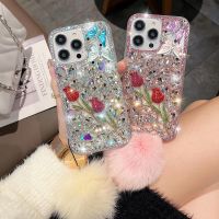 เคสโทรศัพท์ติดเพชรแวว Rhinestone แฟชั่นแวววาวหรูหราสำหรับ IPhone 15 14 Pro Max 7 8 Plus สำหรับ IP 11 12 13 Pro Max XS X XR มีลูกบอลมีขน