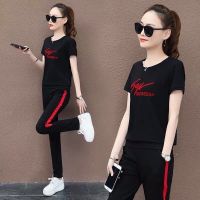 Womens Casual Sports Suit 2023 Spring And Summer New Korean Loose Short Sleeve Tops Pants Two Piece Set Student Running Outfits