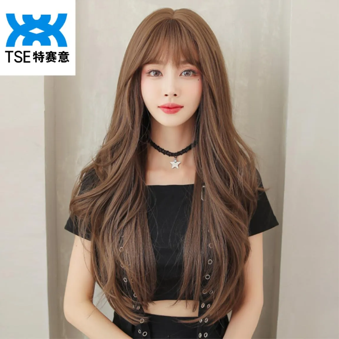 TSE Long Big Wave Wig With Air Bangs 68cm Length Curly Hair Natural  Realistic Fluffy Korean Hairstyle C-0299 | Lazada