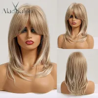 ALAN EATON Medium Wavy Synthetic Ombre Natural Blonde Ash Hair Wigs with Bangs for Women Afro Daily Lolita Cosplay Party Wig Wig  Hair Extensions Pads