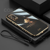 เคส A92 A52 OPPO + สายคล้องหรูหราเคสใบเมเปิลกันชนสี่เหลี่ยมชุบ6D นิ่มสำหรับคู่รักเด็กผู้หญิง